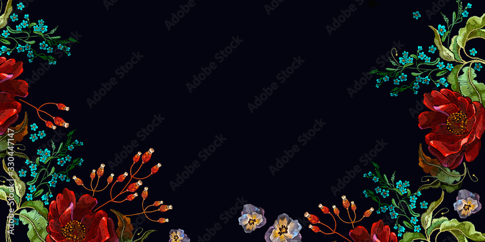 Red roses, violet flowers and meadow herbs. Floral banner. Fashion template for design