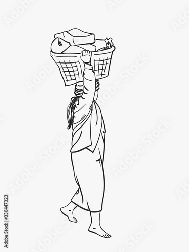 Burmese woman in longyi is carrying big basket on her head, Vector sketch, Hand drawn linear illustration