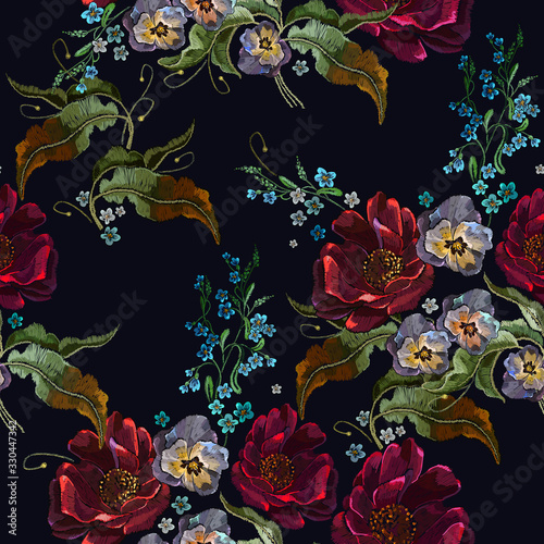 Embroidery red roses, violet flowers and meadow herbs, seamless pattern. Floral fashion template for clothes, textiles, t-shirt design