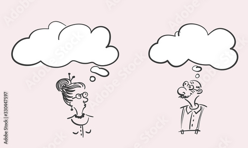 Cartoon happy old man and thoughtful elderly woman with thought bubble, Vector hand drawn doodles
