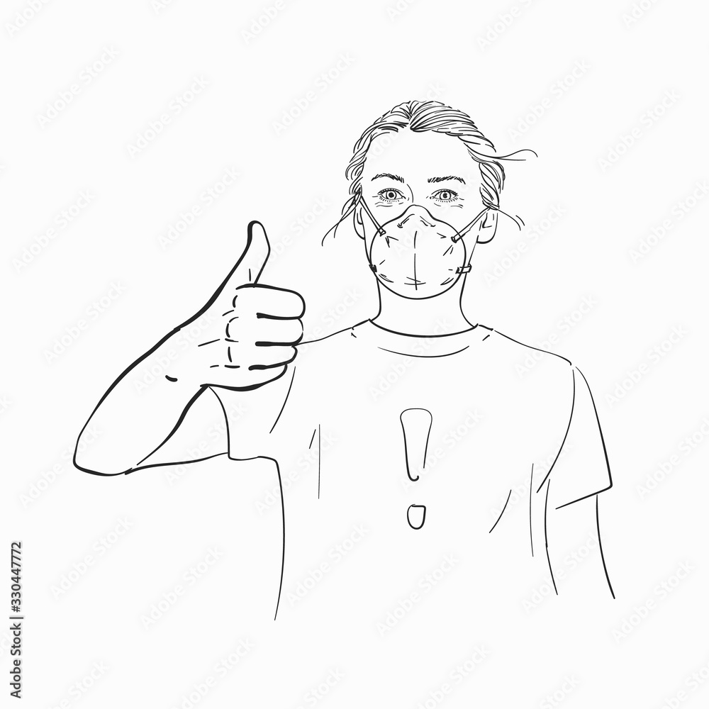 Sketch of woman wearing medical face mask showing thumb up gesture, Hand drawn vector linear illustration Sketch of woman wearing medical face mask showing thumb up gesture, Hand drawn vector linear illustration