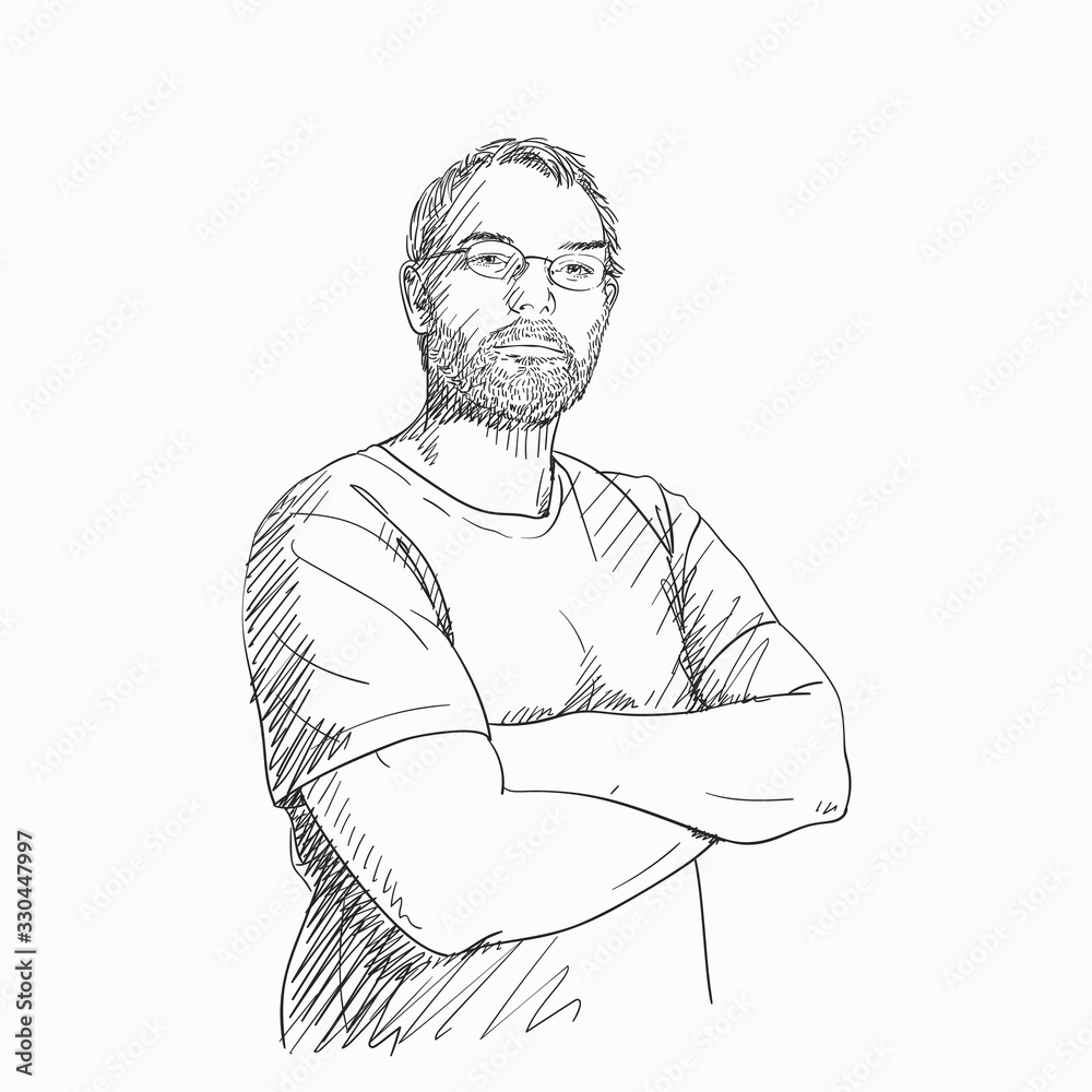Man with arms crossed over his chest wearing glasses and beard hand drawn isolated, Vector sketch Hand drawn illustration with cross hatched shades