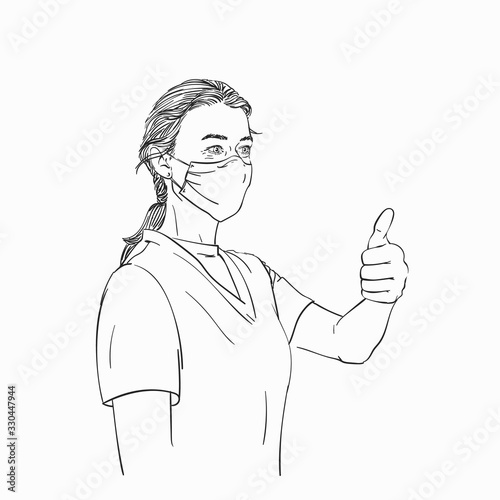 Sketch of woman wearing medical face mask showing thumb up gesture, Hand drawn vector linear illustration