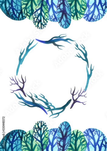watercolor round frame with blue branches and trees 