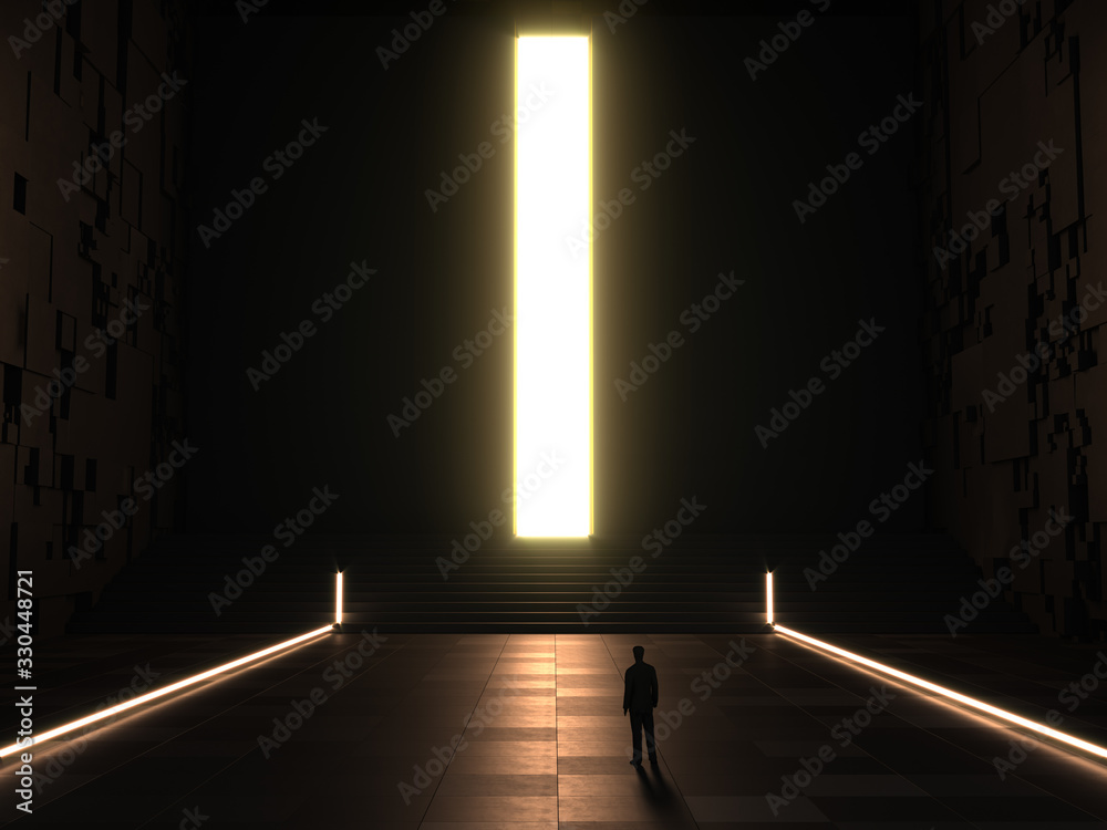 Glowing big light portal - exit from dark concept. 3d rendering mock up, template. - obrazy, fototapety, plakaty 