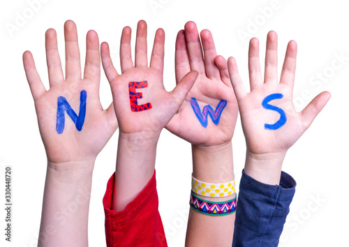 Children Hands Building Colorful English Word News. White Isolated Background