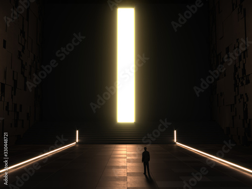 Glowing big light portal - exit from dark concept. 3d rendering mock up, template.
