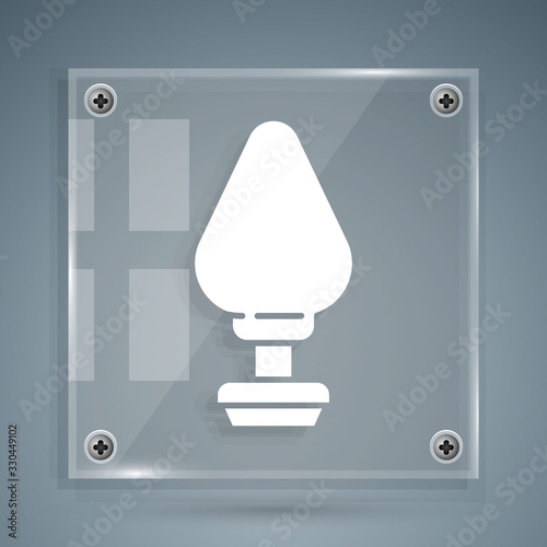 White Anal plug icon isolated on grey background. Butt plug sign. Fetish accessory. Sex toy for men and woman. Square glass panels. Vector Illustration
