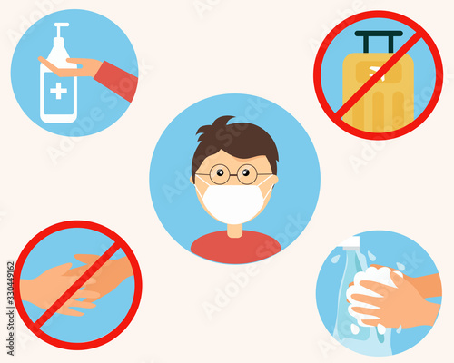 COVID-19 Crisis concept: always wash your hands, wear face mask,  clean your hands, don't shake hands, don't go aboard for protect corona virus. Cartoon vector style for your design