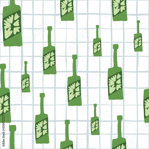 Funny glass bottle seamless pattern on stripes background. Alcohol rum bottles.