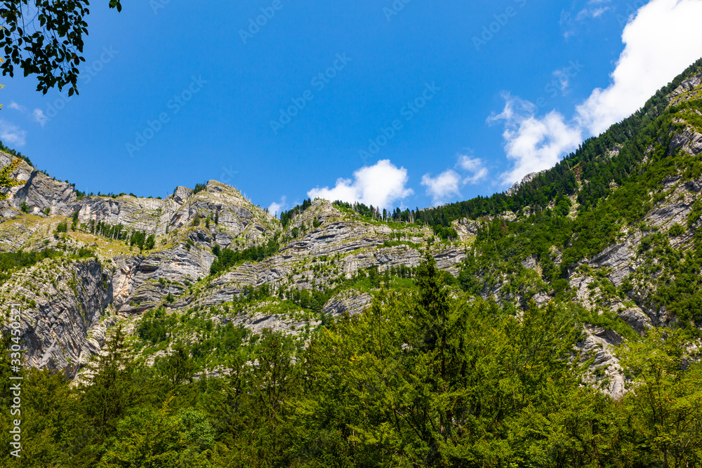 View of mountain from waterfall Savica