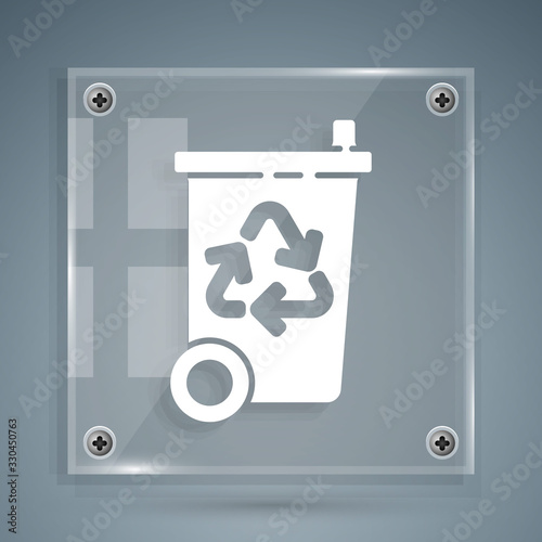 White Recycle bin with recycle symbol icon isolated on grey background. Trash can icon. Garbage bin sign. Recycle basket sign. Square glass panels. Vector Illustration