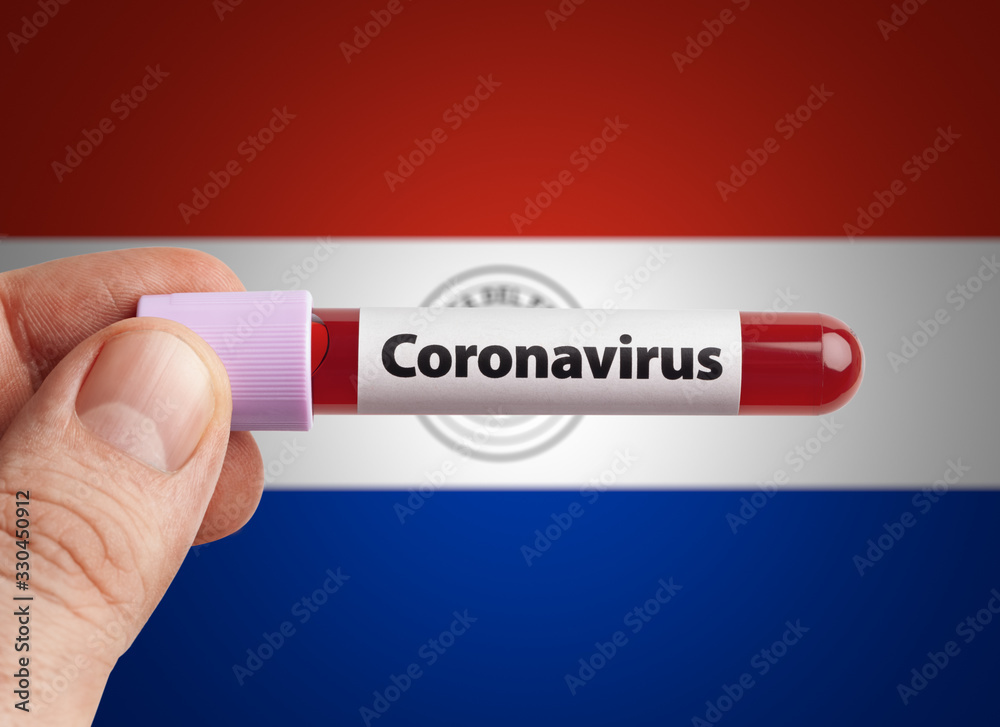 Obraz premium Scientist holding Coronavirus infected blood in test tube in front of Paraguay flag. Pandemic COVID-19 infection in countries in world concept.