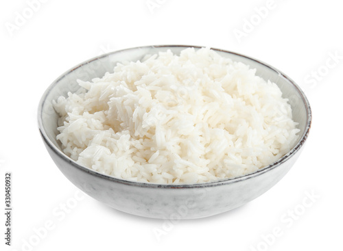 Bowl with cooked rice isolated on white