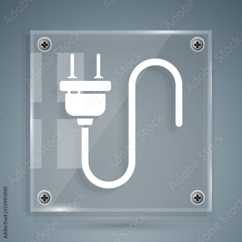 White Electric plug icon isolated on grey background. Concept of connection and disconnection of the electricity. Square glass panels. Vector Illustration