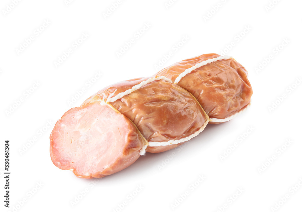 Tasty cut sausage on white background. Meat product