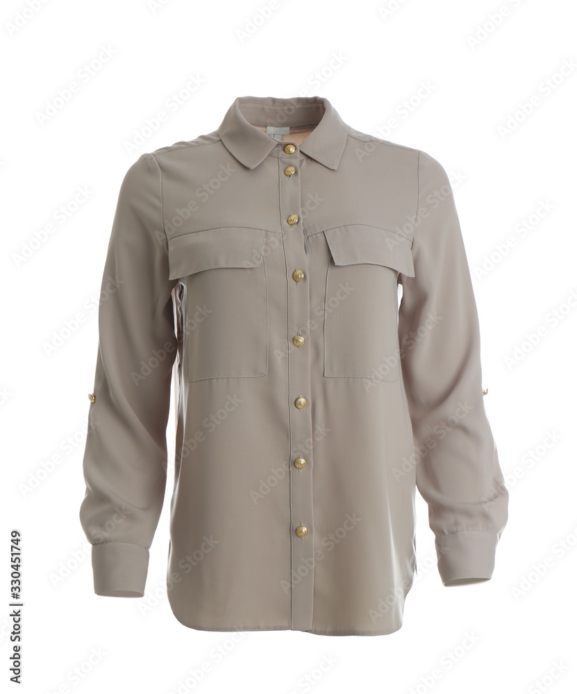 Elegant beige shirt on mannequin against white background. Women's clothes Elegant beige shirt on mannequin against white background. Women's clothes