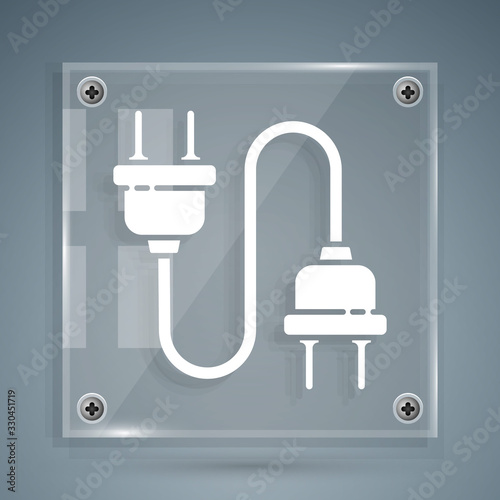 White Electric plug icon isolated on grey background. Concept of connection and disconnection of the electricity. Square glass panels. Vector Illustration