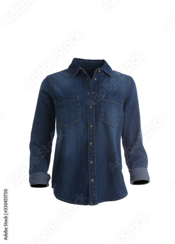 Stylish jeans shirt on mannequin against white background. Trendy clothes
