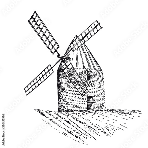 Old wind mill isolated on white background. Line art style.