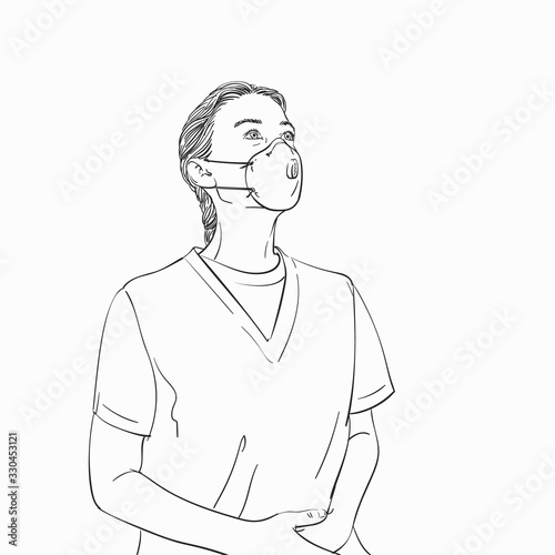 Young woman with hands on her belly wearing medical face mask and looking up, Vector sketch, Hand drawn illustration