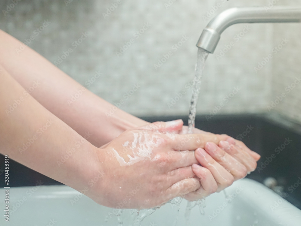 Woman washing hands in sink protect covid19 virus after contact environment. Woman washing hands in sink protect covid19 virus after contact environment.