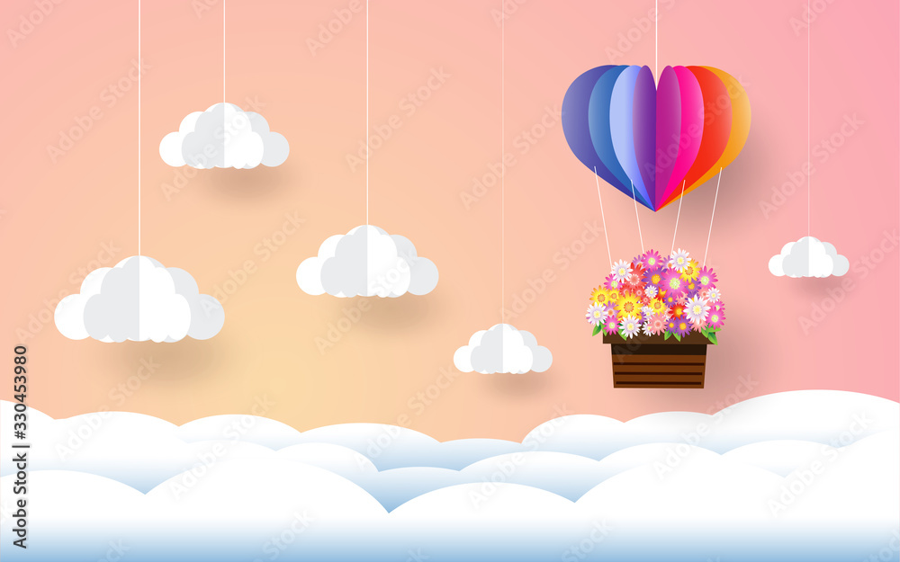rainbow balloon , paper art style, heart in the sky
