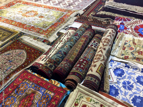 Traditional carpets displayed for sale in Samarkand, Uzbekistan
