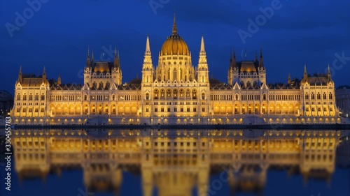 Budapest Parliament mirrored in Danube River at sunset, timelapse