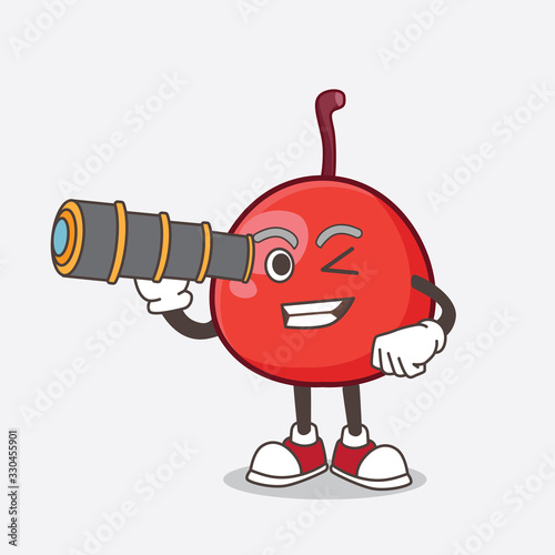 Red Berry cartoon mascot character using a monocular