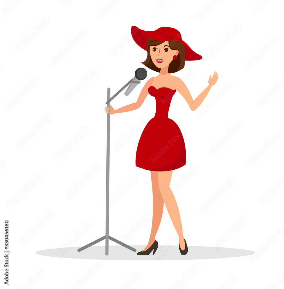 Female Singer Performing Flat Vector Illustration. Singing Woman, Soloist,  Vocalist with Microphone Cartoon Character. Beautiful Lady in Red,  Performance. Concert, Festival, Karaoke Party, Club Show Stock Vector |  Adobe Stock