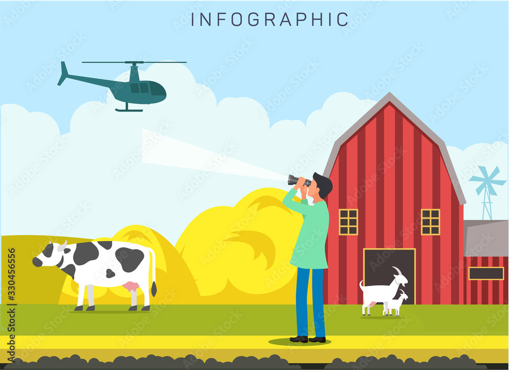 Farmyard Worker, Job Flat Vector Banner Template. Farming Industry Worker Looking at Helicopter in Sky. Using Aviation for Agricultural Needs. Growing Crops, Cattle, Livestock with Modern Technologies Farmyard Worker, Job Flat Vector Banner Template. Farming Industry Worker Looking at Helicopter in Sky. Using Aviation for Agricultural Needs. Growing Crops, Cattle, Livestock with Modern Technologies