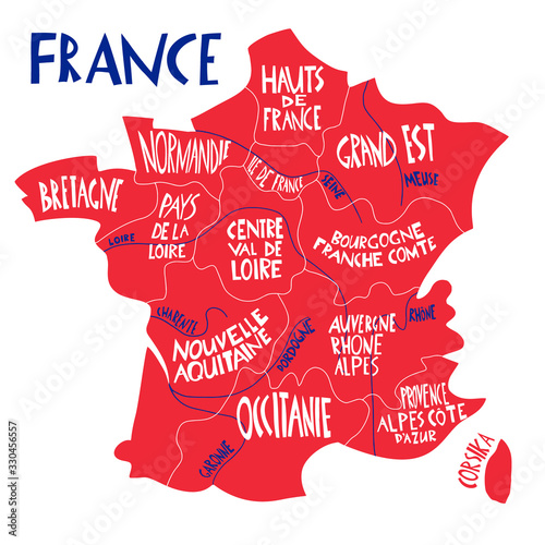 Vector hand drawn stylized map of France. Travel illustration with french regions, cities names. Hand drawn lettering illustration. Europe map element