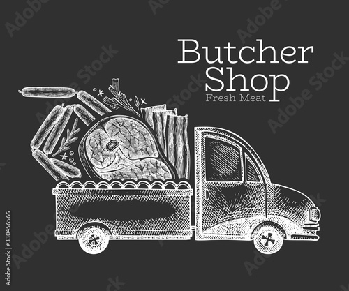 Butcher shop delivery logo template. Hand drawn vector truck with meat illustration. Engraved style retro food design.