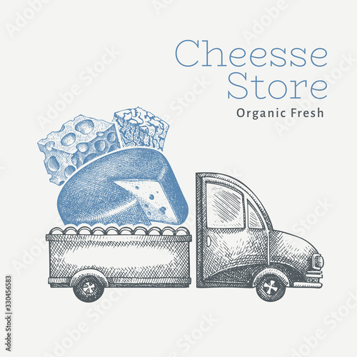 Cheese shop delivery logo template. Hand drawn vector truck with cheese illustration. Engraved style vintage food design.