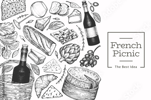 French food illustration design template. Hand drawn vector picnic meal illustrations. Engraved style different snack and wine banner. Vintage food background.