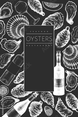 Oysters and wine design template. Hand drawn vector illustration on chalk board. Seafood banner. Can be used for design menu, packaging, recipes, label, fish market, seafood products.