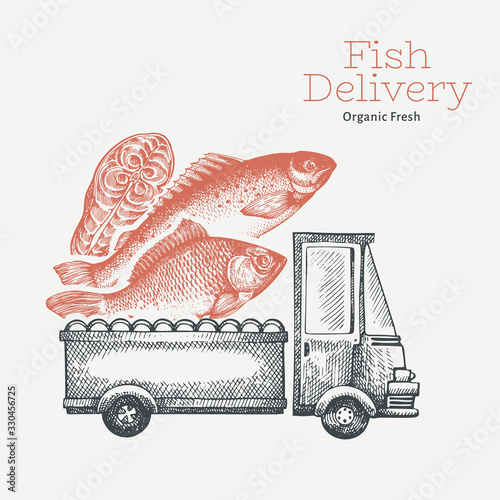 Fish shop delivery logo template. Hand drawn vector truck with fish illustration. Engraved style vintage food design.