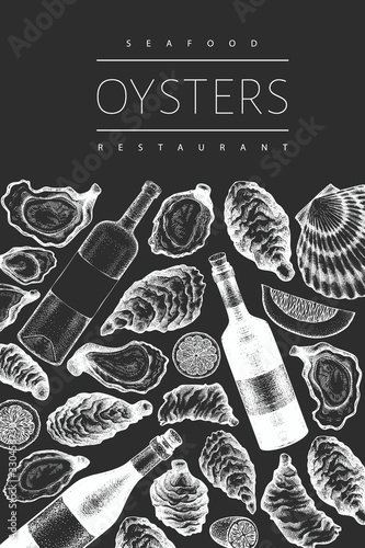 Oysters and wine design template. Hand drawn vector illustration on chalk board. Seafood banner. Can be used for design menu, packaging, recipes, label, fish market, seafood products.