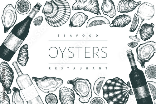 Oysters and wine design template. Hand drawn vector illustration. Seafood banner. Can be used for design menu, packaging, recipes, label, fish market, seafood products.