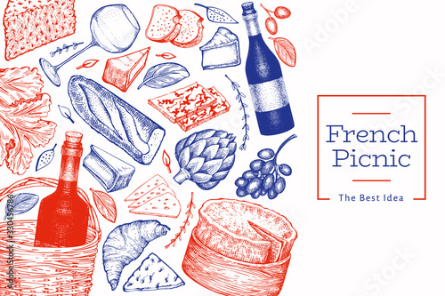 French food illustration design template. Hand drawn vector picnic meal illustrations. Engraved style different snack and wine banner. Vintage food background.