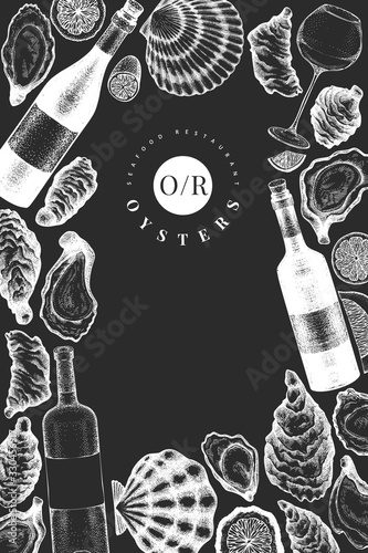 Oysters and wine design template. Hand drawn vector illustration on chalk board. Seafood banner. Can be used for design menu, packaging, recipes, label, fish market, seafood products.