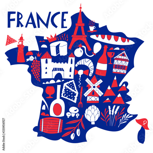 Vector hand drawn stylized map of France. Travel illustration with french landmarks, food and plants. Geography illustration