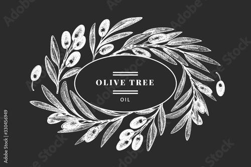 Olive branch design template. Hand drawn vector food illustration on chalk board. Engraved style mediterranean plant. Retro botanical picture.