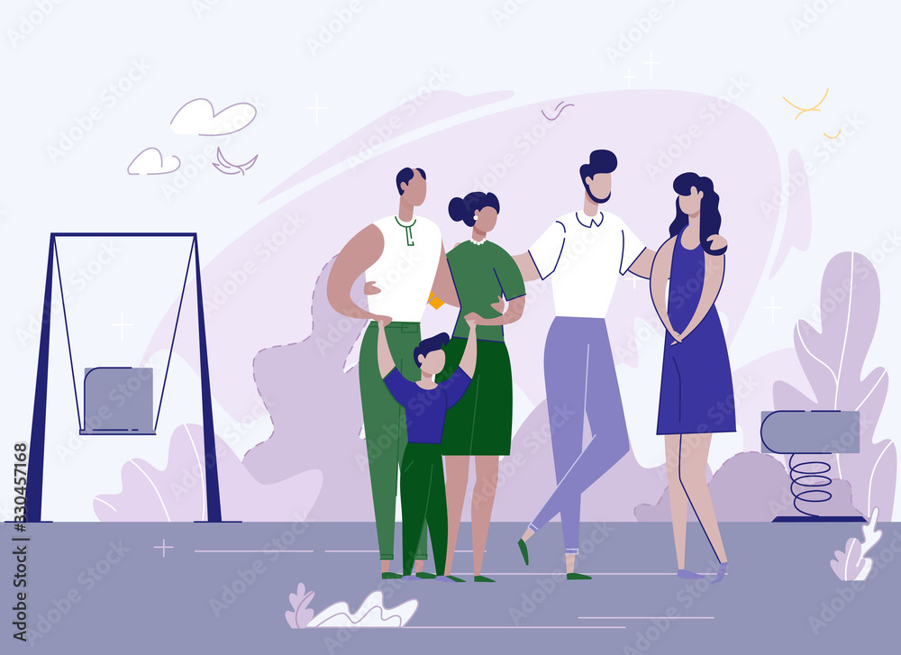 Obraz premium Loving Family with Child in Playground on Street. Man Hugs Wife and Parents. Grandparents Holding Grandson on Street Kids Park with Swing and Simulator for Children. Happy Time Spend Together