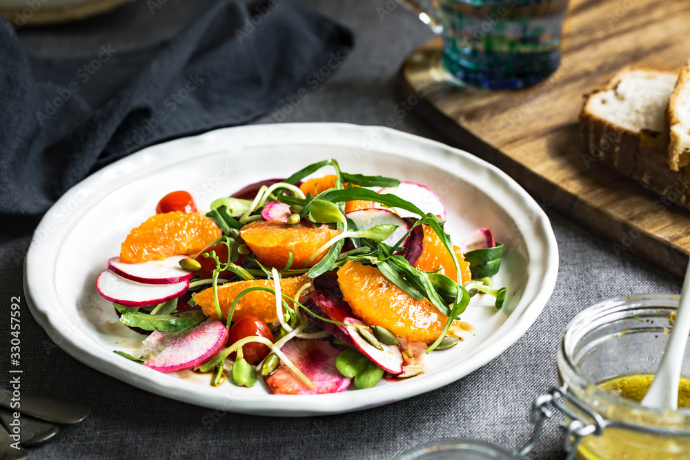 Orange with Beetroot, Rocket ,Radish and Pumpkin seed salad Orange with Beetroot, Rocket ,Radish and Pumpkin seed salad