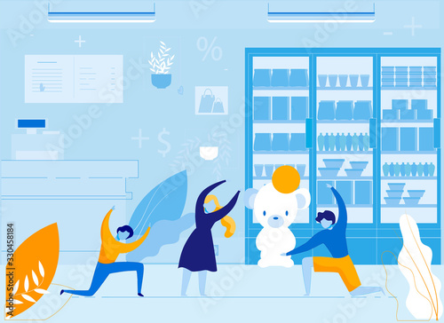 Children Playing with Ball in Supermarket Flat Cartoon Vector Illustration. Girl Throwing Ball to Boy, Hyperactive Little Characters Have Fun among Shelves with Food Products. Cash Register in Store.