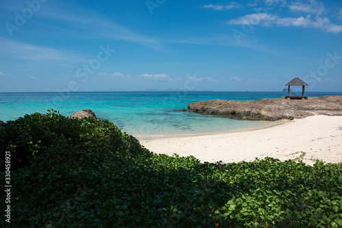 Sea view from tropical beach with sunny sky. Summer paradise beach of phuket island. Tropical shore. Tropical sea in phuket. Ocean beach relax, outdoor travel.Phuket,Thailand