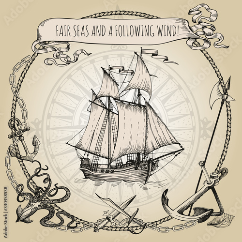 Adventure stories. Pirate background. Vintage border frame. Old caravel, vintage sailboat. Cannon, ghost ship, shipwreck, sea battle
