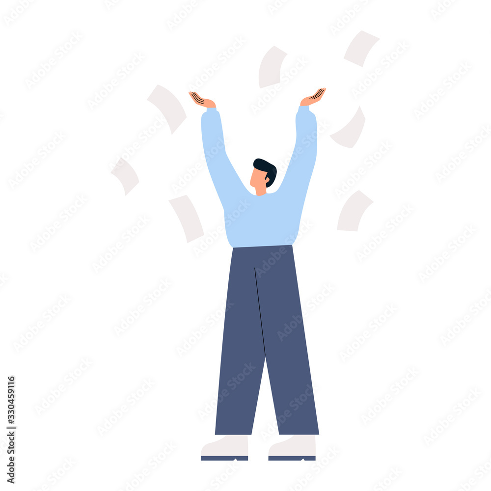 Man throwing away pieces of paper. Angry man standing with his hands up and paper flying around him. Businessman needs help with paperwork. Flat vector illustration. Man throwing away pieces of paper. Angry man standing with his hands up and paper flying around him. Businessman needs help with paperwork. Flat vector illustration.
